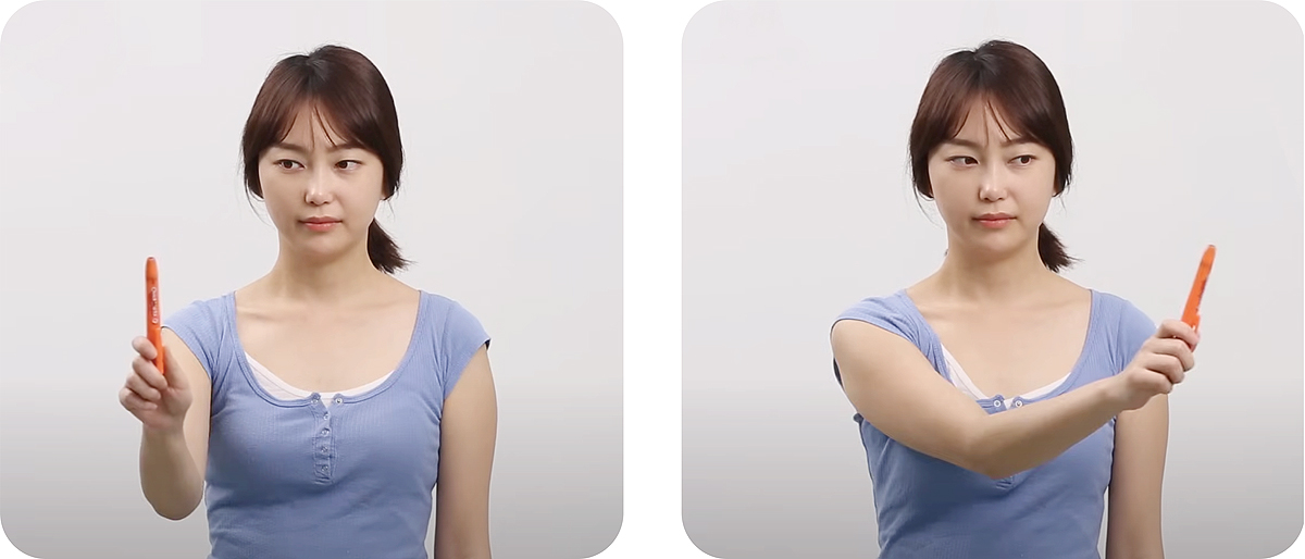 머리를 고정한 후 눈만 이용하여 움직이지 않는 두 물체에 빠르게 초점 맞추는 사람의 상반신 두 장.